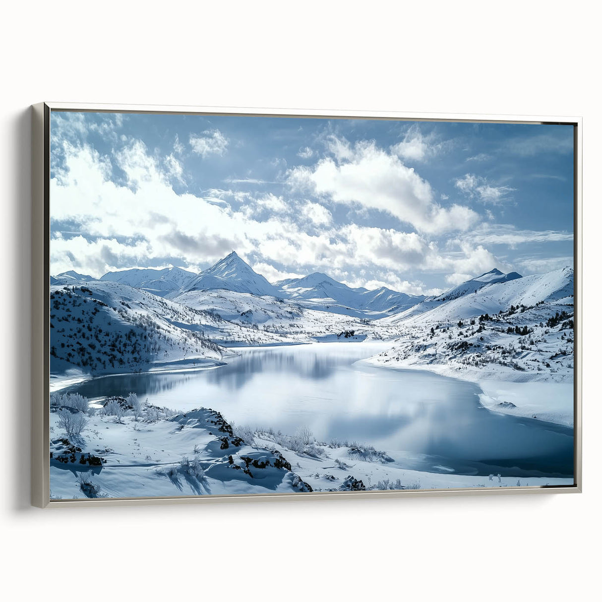 Framed canvas artwork showcasing a serene countryside landscape, featuring vibrant green fields and distant hills, with a sleek silver frame for a modern touch.