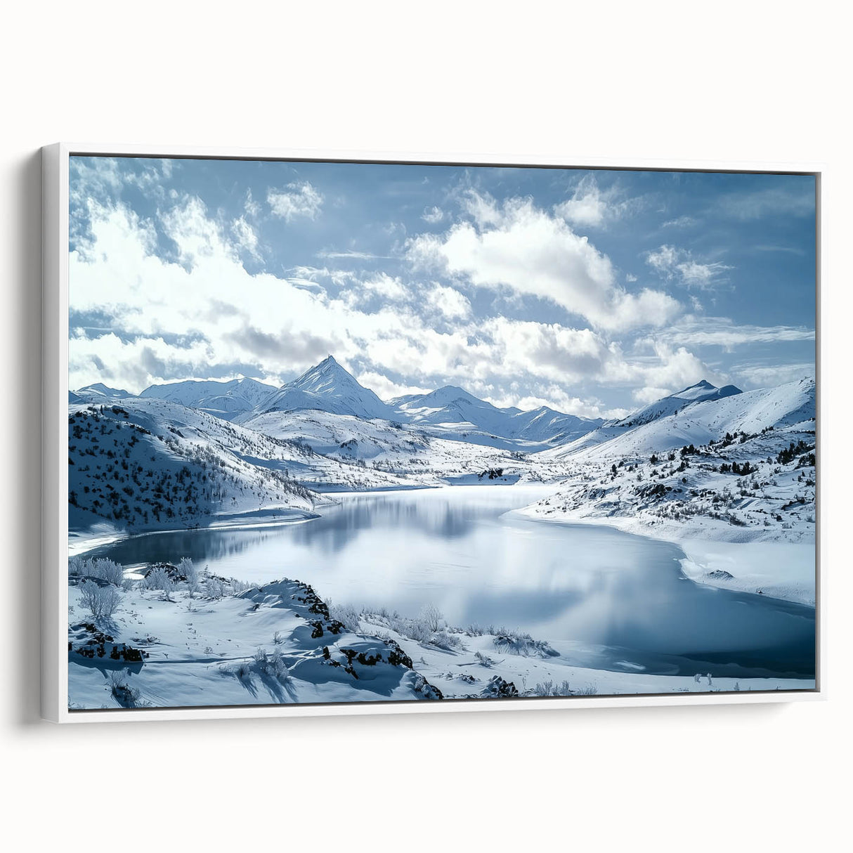 Framed canvas art depicting a serene countryside landscape with rolling hills and lush greenery, showcasing a white frame and side view, ideal for home decor.