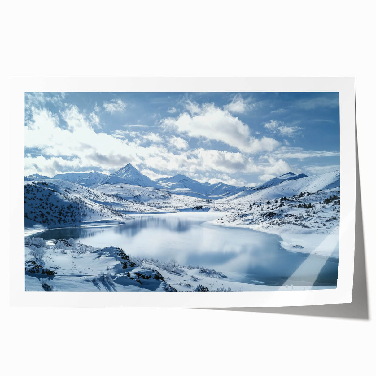 Scenic countryside landscape print on rolled canvas showcasing vibrant green fields and a serene blue sky, elegantly packaged in a protective cardboard tube. Ideal for home decor.