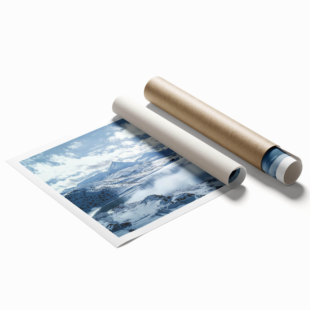 Rolled print showcasing a serene countryside landscape with lush green fields and a vibrant sunset sky, elegantly packaged in a protective cardboard tube.