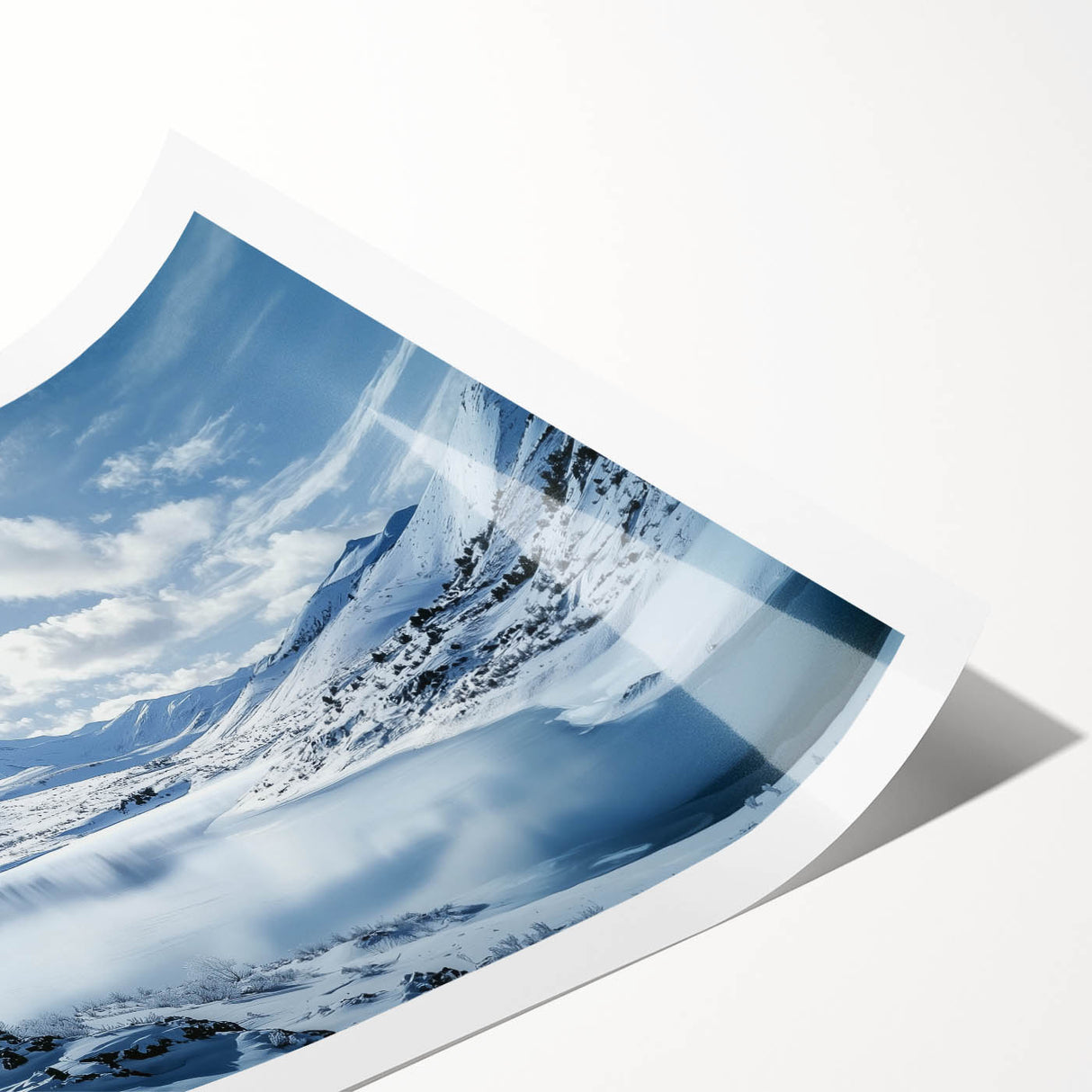 Rolled print of a serene countryside landscape featuring lush green fields and vibrant wildflowers under a clear blue sky, elegantly packaged in a protective cardboard tube.