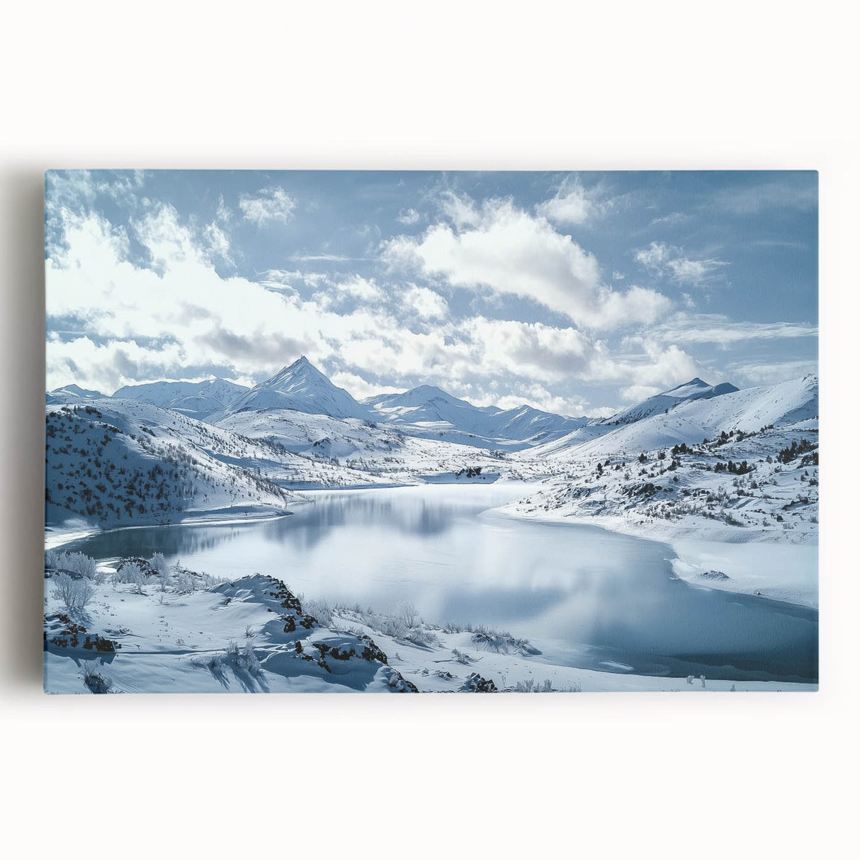 Vibrant stretched canvas artwork depicting a serene countryside landscape with rolling hills, lush greenery, and a clear blue sky, perfect for home decor.