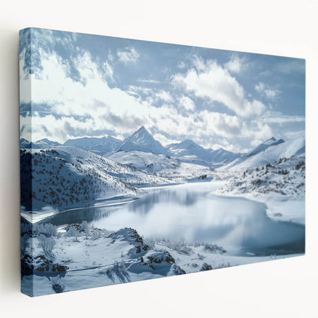 Stretched canvas artwork depicting a serene countryside landscape with lush green fields, rolling hills, and a clear blue sky, perfect for enhancing home decor.