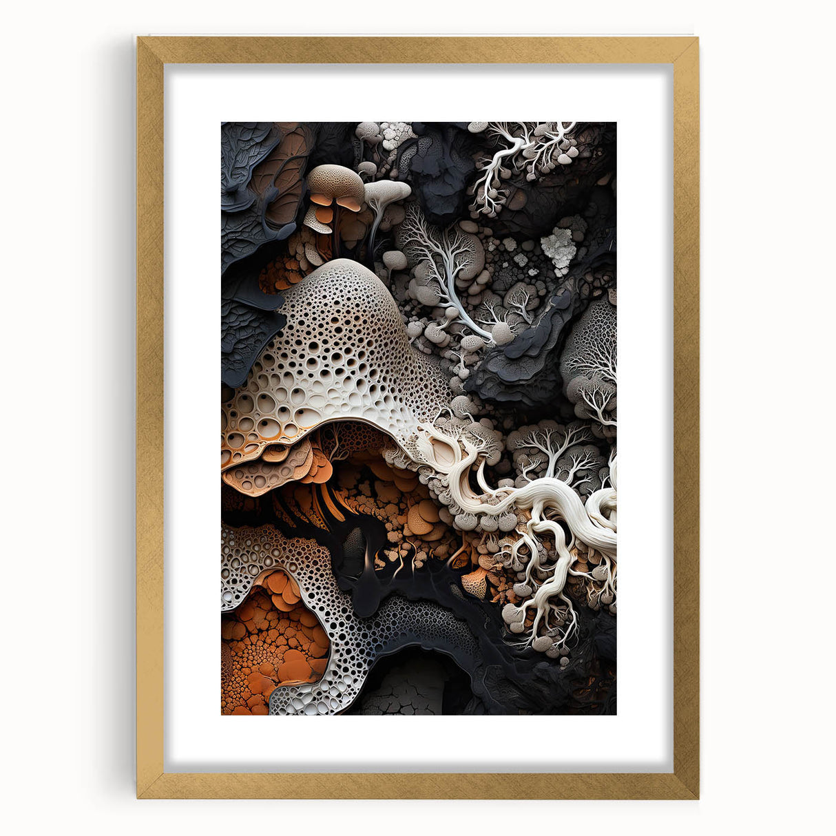 Extra large abstract art print with textured elements in muted gold tones, framed with a mat, ideal for living room decor.