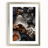 Textured abstract art print in neutral tones, framed in silver, ideal for modern bedroom ambiance.