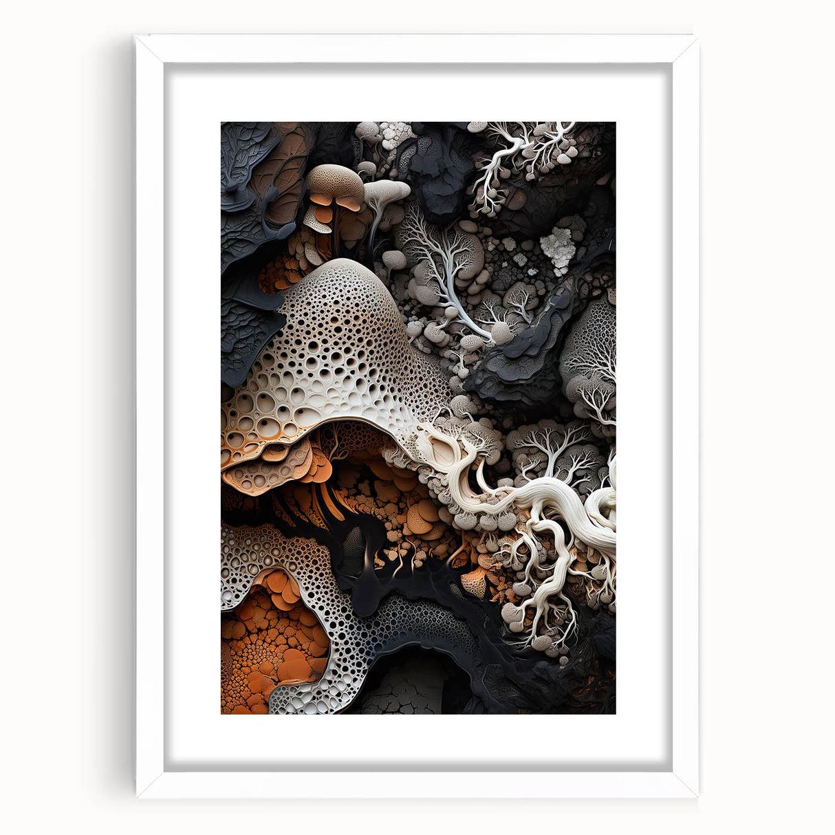 Abstract art print featuring swirling blue and white patterns on a framed white canvas.