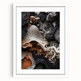 Abstract art print featuring swirling blue and white patterns on a framed white canvas.