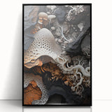 Large abstract wall art on acrylic, featuring black and white swirls in a mid-century modernist style.