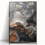 Mid-century modernist art featuring abstract shapes in silver and gray tones on acrylic, ideal for nursery wall decor.