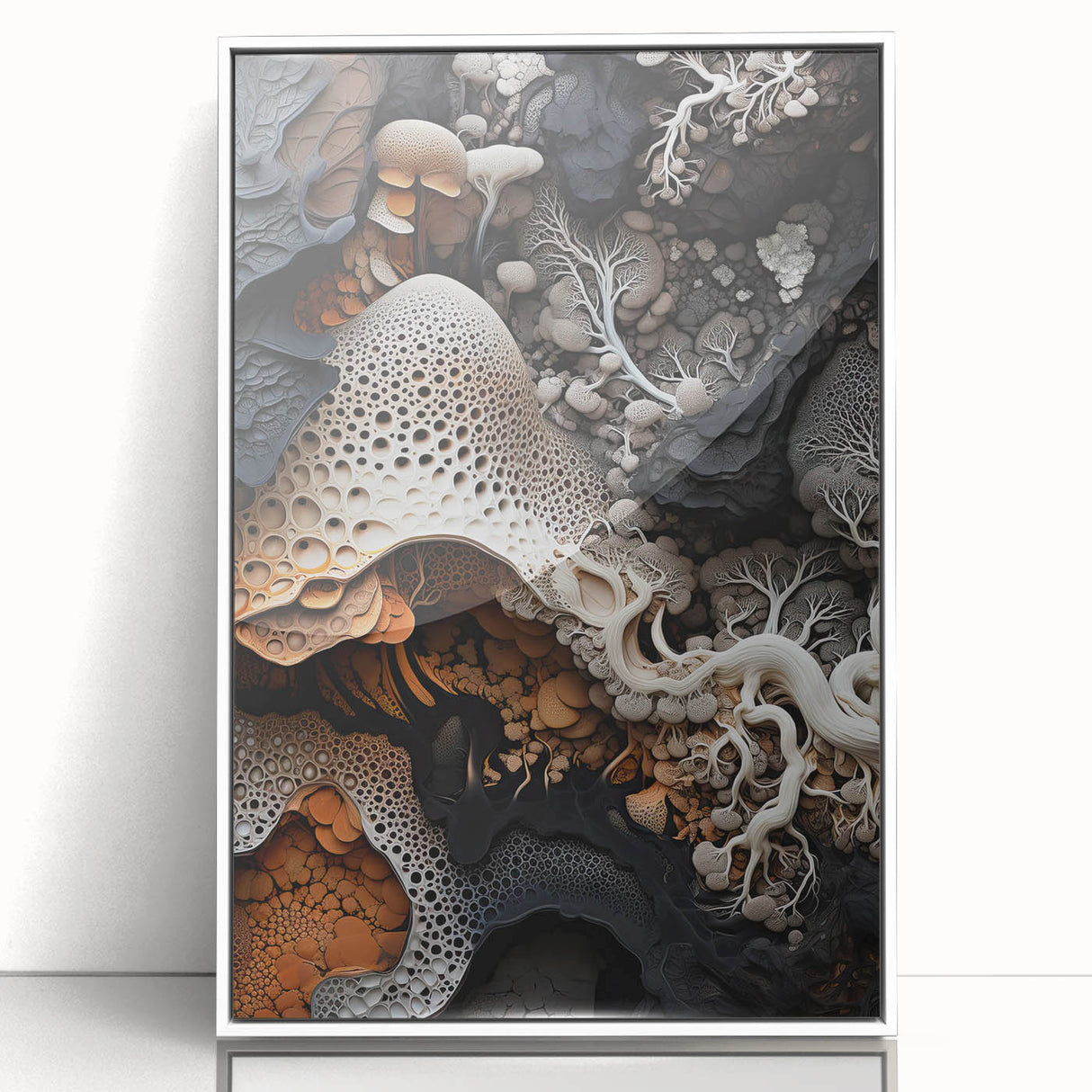 Art deco poster featuring symmetrical natural elements in muted green and white, acrylic print framed in white.