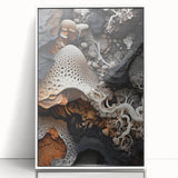 Art deco poster featuring symmetrical natural elements in muted green and white, acrylic print framed in white.