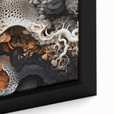 Close-up of extra large black wall art featuring colorful, textured abstract elements on framed canvas.