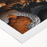 Art deco poster featuring geometric shapes in muted gold and black on rolled canvas, ideal for dining room wall art.