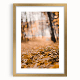 Extra large abstract art print featuring textured autumnal hues on a gold-framed canvas, ideal for living room decor.