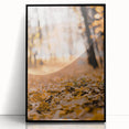 Large abstract wall art featuring autumnal hues in a mid-century modernist style, framed in black acrylic.