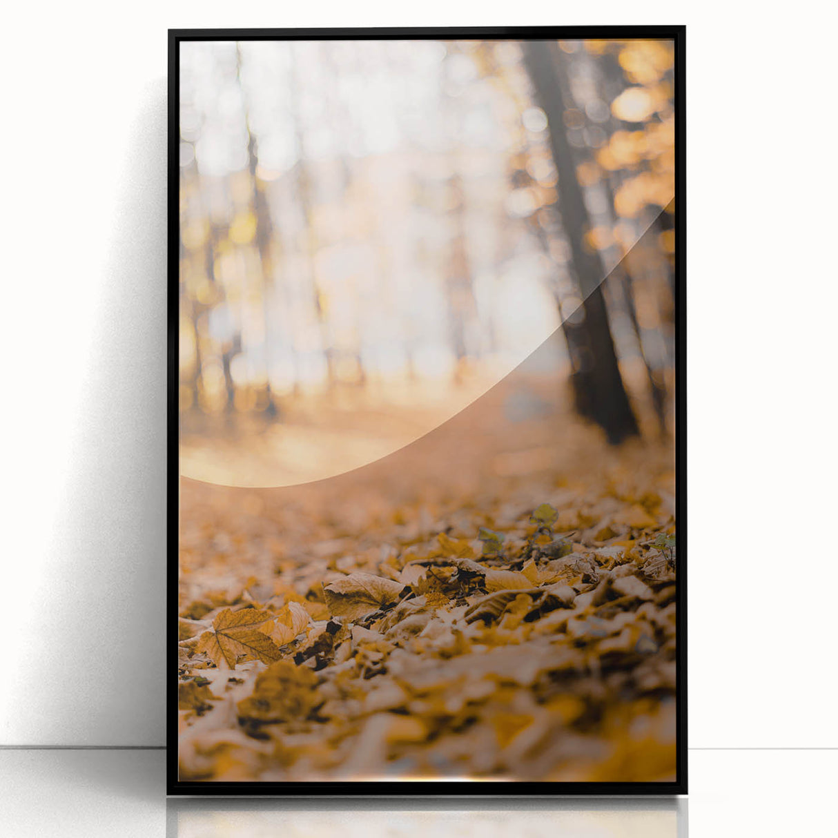 Large abstract wall art featuring autumnal hues in a mid-century modernist style, framed in black acrylic.