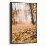 Black and white vintage poster art of a fall landscape on framed canvas, suitable for bedroom decor.