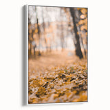 Vintage poster art of an autumnal scene with colorful leaves, framed canvas, ideal for living room decor.