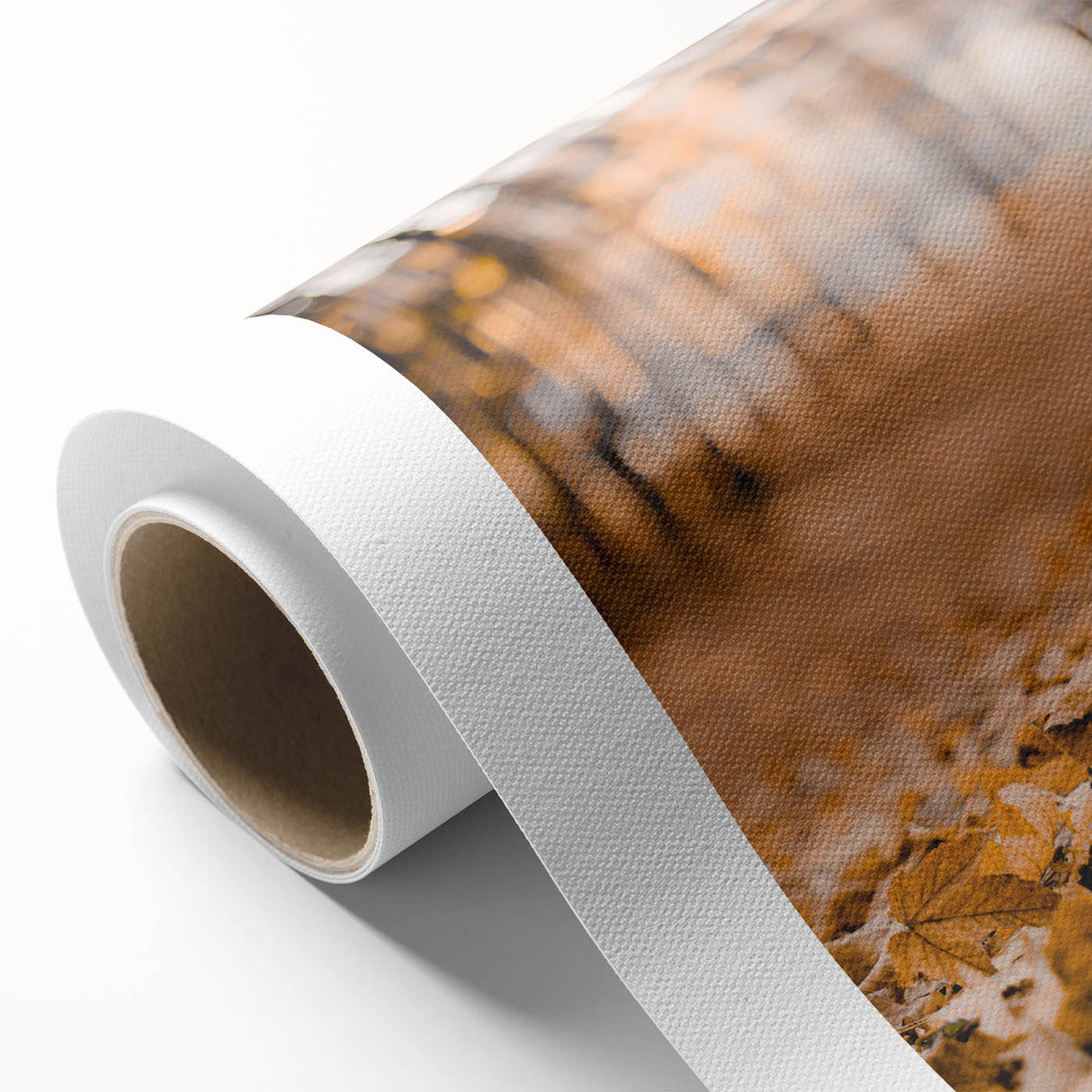 Art deco poster of autumn trees in orange and yellow hues on rolled canvas.