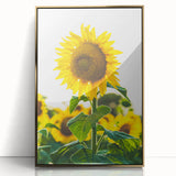 Large acrylic print of a mid-century modernist spring scene in pastel shades, framed in gold, suitable for nursery wall art.