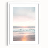 Abstract art print featuring swirls of blue and green, framed in white, ideal for dining room decor.