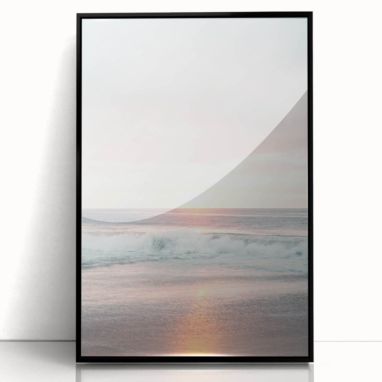 Large abstract wall art depicting summer season in vibrant orange and yellow tones, framed in black acrylic.