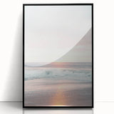 Large abstract wall art depicting summer season in vibrant orange and yellow tones, framed in black acrylic.