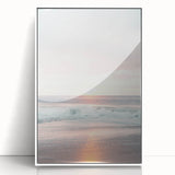 Acrylic print of an art deco summer scene in pastel colors, framed in white, suitable for modern nursery decor.