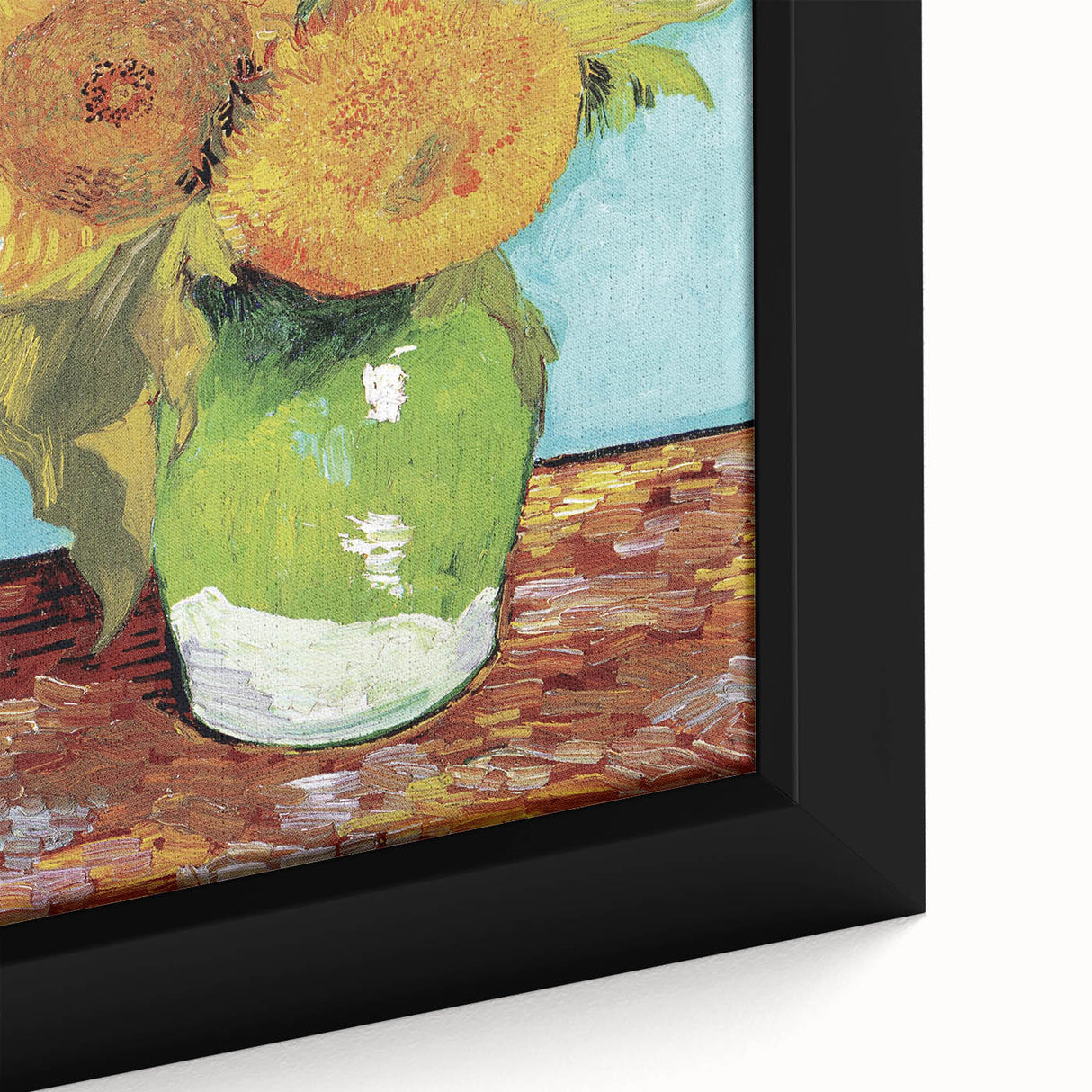 Close-up of a black framed canvas featuring a textured, colorful abstract design, ideal for living room decor.
