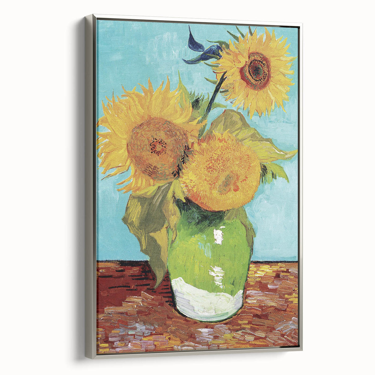 Side view of a framed canvas depicting a Van Gogh-inspired landscape painting with colorful brush strokes.