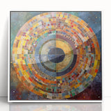 Framed abstract wall art with colorful strokes in blue, orange, and white hues, adding a modern touch to any decor, showcased from a front view.