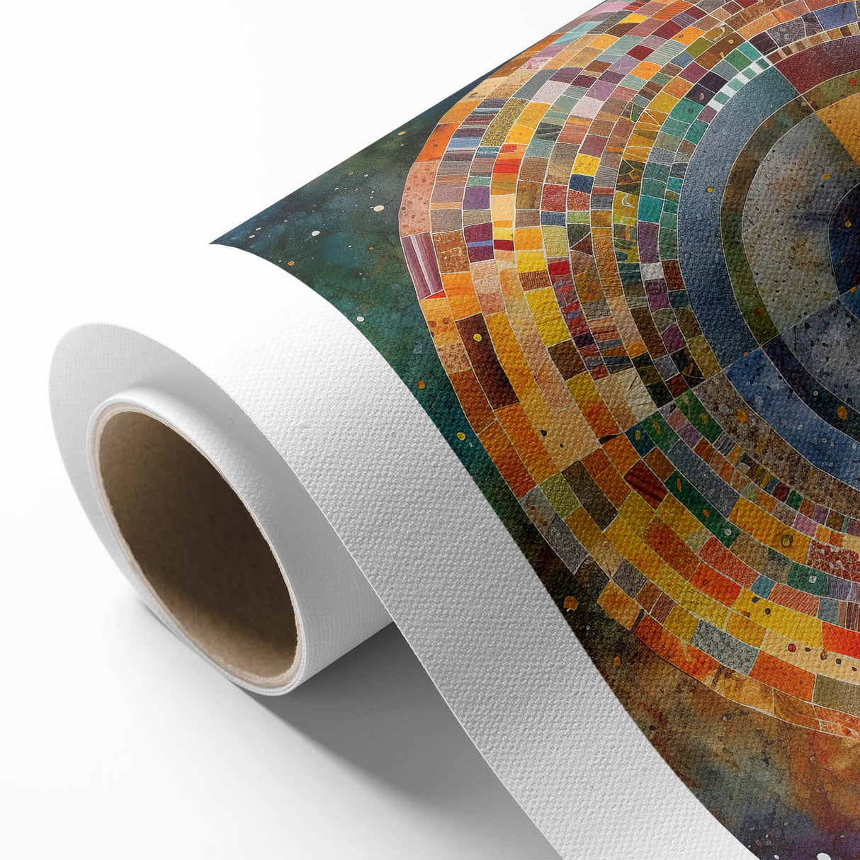 Abstract wall art on rolled canvas showcasing vibrant strokes of blue, orange, and yellow, perfect for modern home decor, enhancing artistic ambiance.