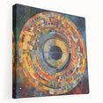 Stretched canvas wall art showcasing vibrant abstract strokes in shades of blue, orange, and yellow, ideal for modern home decor, displayed from a side view.