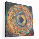 Stretched canvas wall art showcasing vibrant abstract strokes in shades of blue, orange, and yellow, ideal for modern home decor, displayed from a side view.