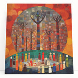 Abstract art canvas featuring vibrant strokes in blue, yellow, and orange hues, leaning against a white wall, perfect for modern home decor.