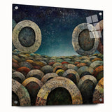 Abstract wall art featuring vibrant strokes in shades of blue, pink, and gold, mounted on acrylic glass, showcasing a modern aesthetic for home decor.