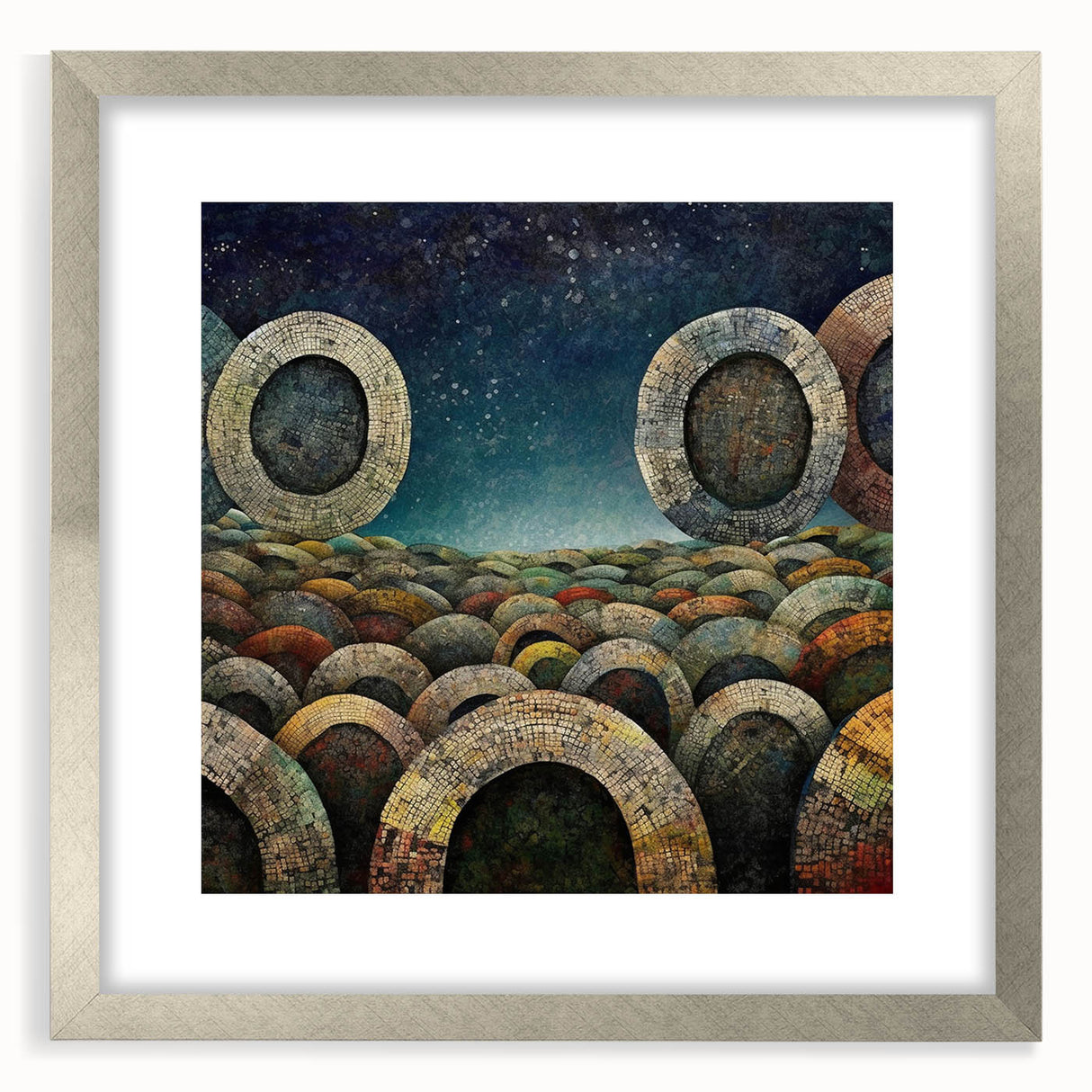 Abstract strokes wall art framed in silver with a white mat, showcasing vibrant colors and dynamic brushwork, perfect for modern home decor or gallery displays.