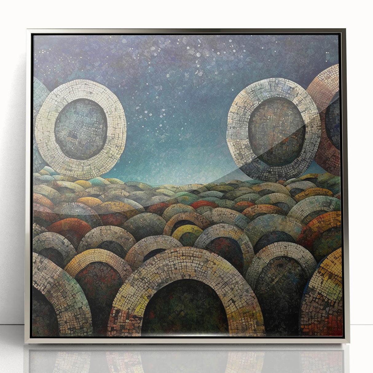 Framed wall art showcasing an abstract design with colorful strokes in silver and blue tones, perfect for modern home decor. This piece adds a vibrant touch to any interior space, enhancing aesthetic appeal.
