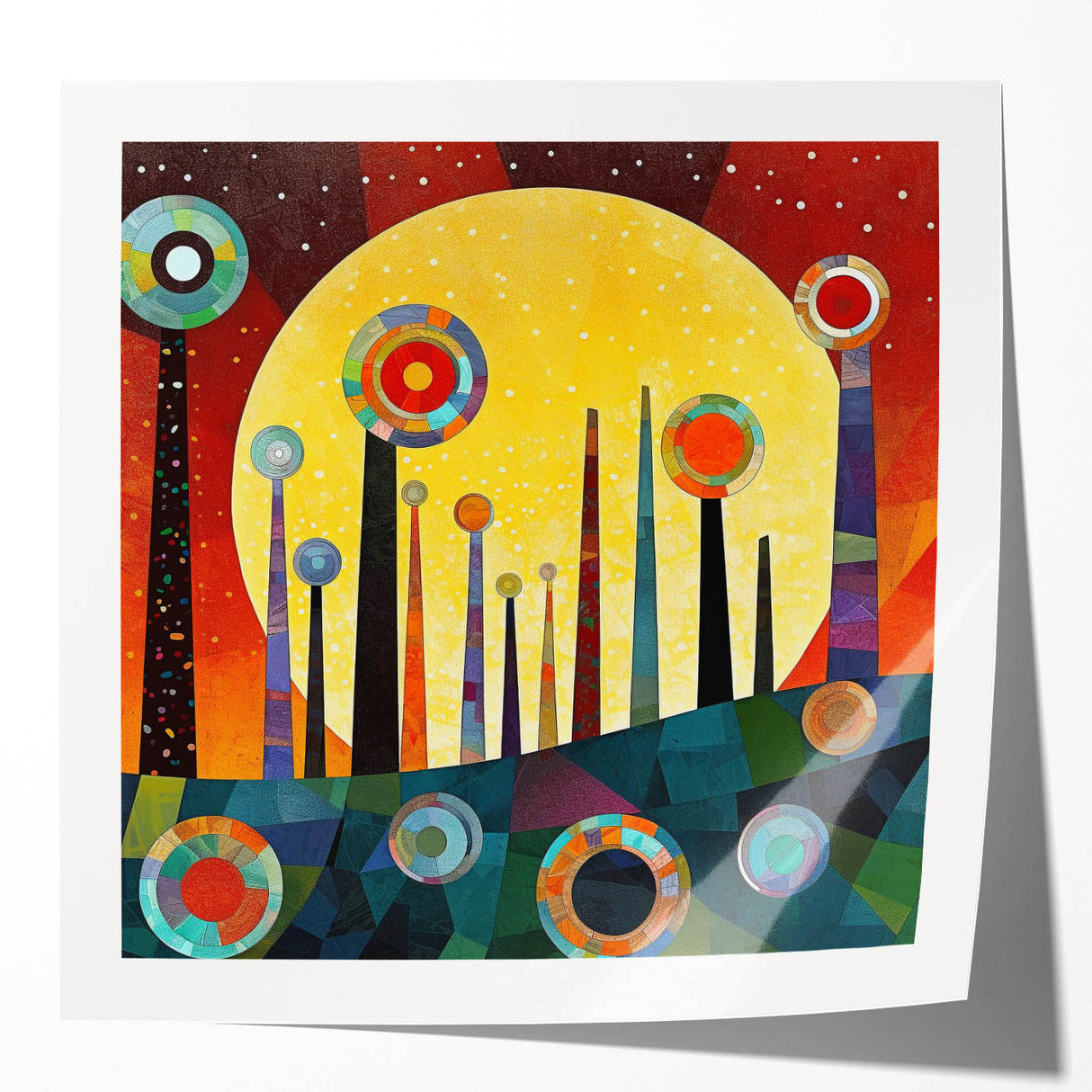 Abstract wall art print showcasing vibrant strokes in shades of blue, pink, and gold, designed to add a modern touch to home decor. Ideal for contemporary interiors.