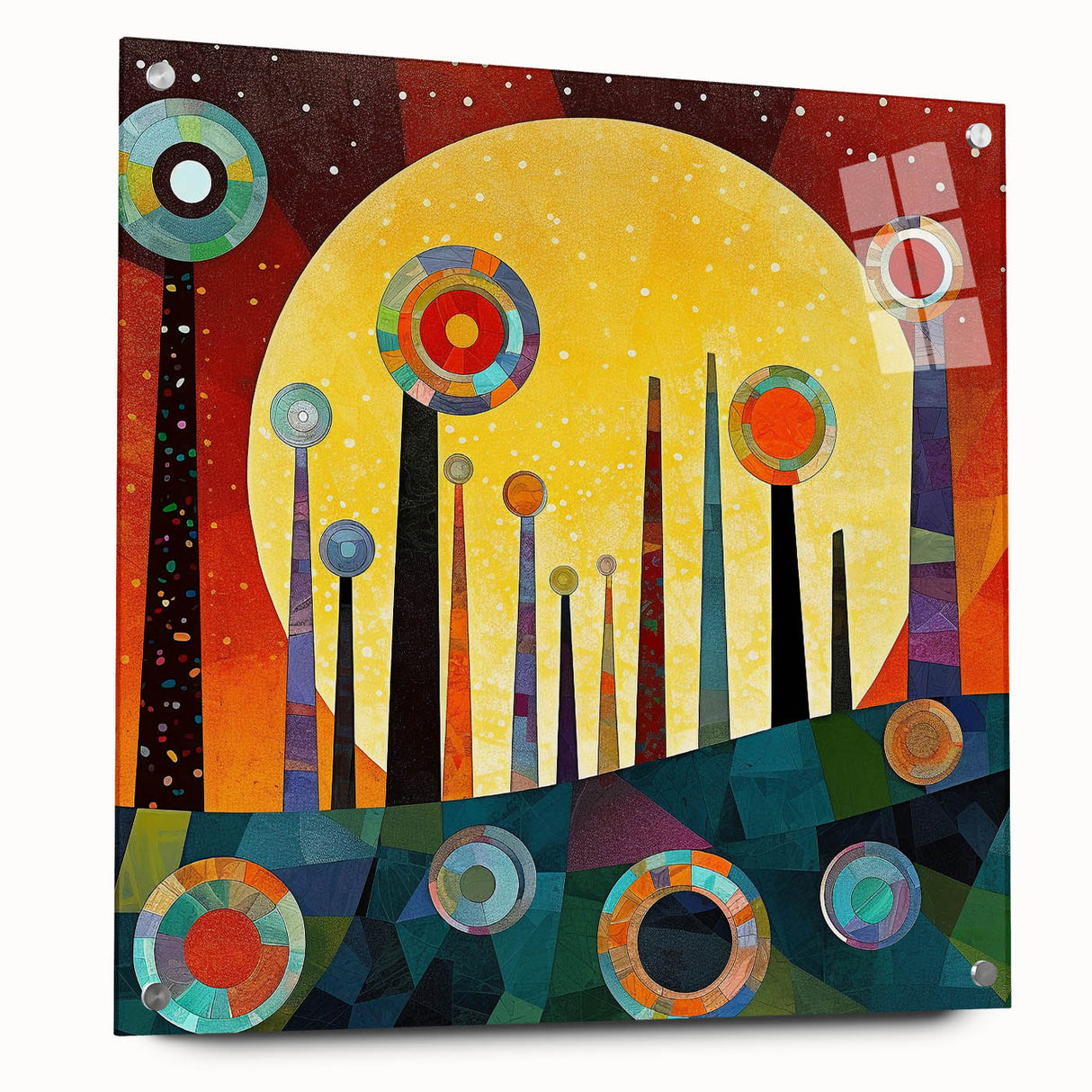 Abstract wall art featuring vibrant strokes in various colors, displayed in a sleek acrylic frame with visible mounting pins, showcasing a modern artistic design.