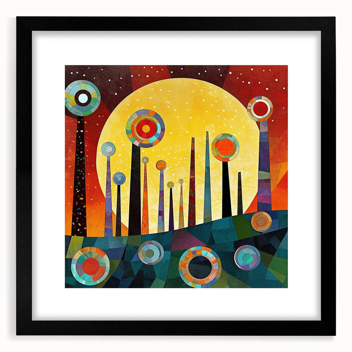 Abstract strokes wall art framed in black with a mat, showcasing vibrant colors and dynamic designs, perfect for modern home decor and artistic expression.
