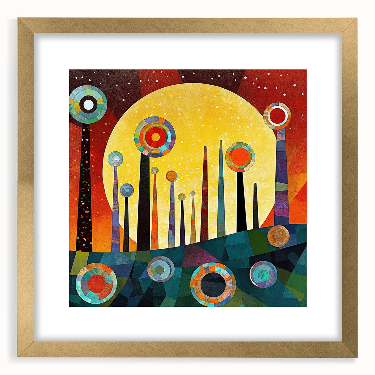 Abstract strokes wall art framed with a gold mat, showcasing vibrant colors and dynamic brushwork, perfect for modern home decor and artistic ambiance.