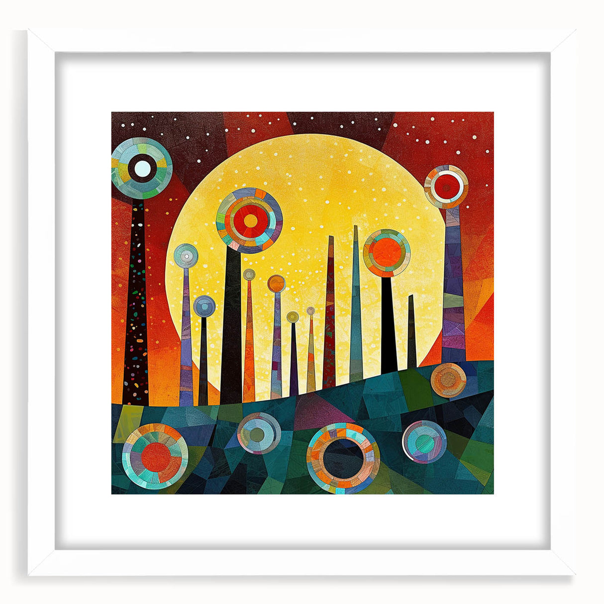 Abstract strokes wall art framed in white with a mat, showcasing vibrant colors and dynamic patterns, perfect for modern home decor and interior design.