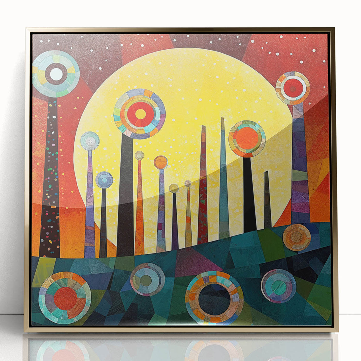 Framed abstract strokes wall art featuring gold accents on a sleek acrylic surface, perfect for modern decor in living spaces or offices.