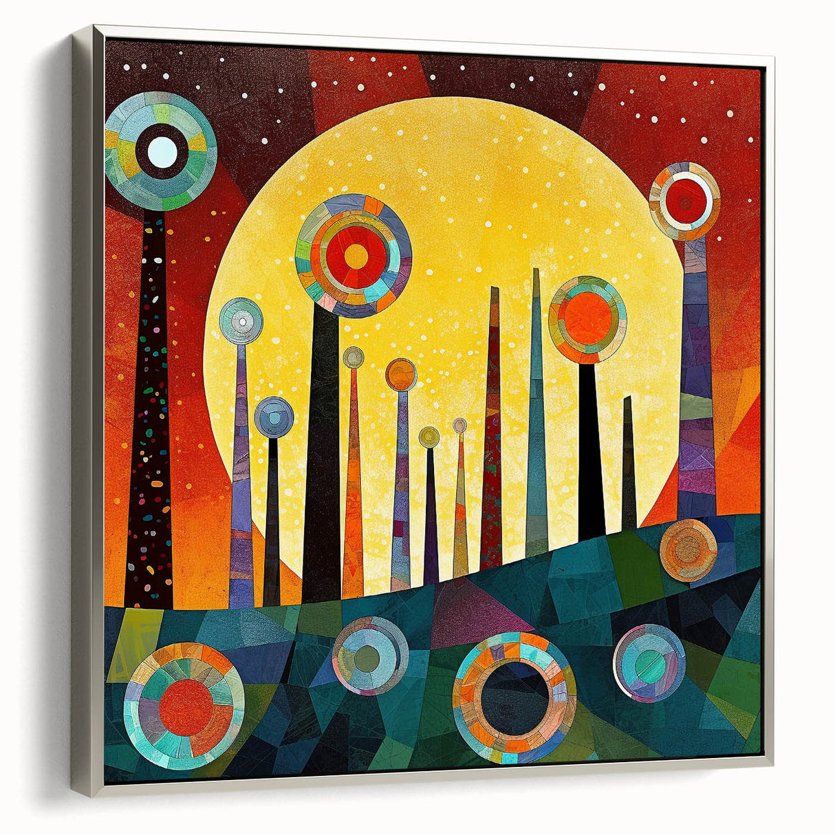 Abstract wall art featuring vibrant strokes in shades of blue and gold, framed in silver, showcasing a modern design ideal for contemporary home decor.