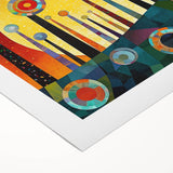 Abstract wall art featuring vibrant strokes in blue, orange, and yellow hues on a rolled canvas, perfect for modern home decor or office spaces.