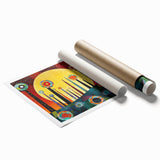 Abstract strokes wall art print showcasing vibrant colors of blue, yellow, and pink, perfect for modern home decor. Rolled for easy display and shipping.