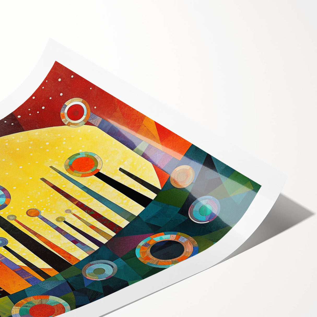 Abstract wall art print showcasing vibrant strokes of teal, orange, and gold on a textured background, perfect for modern home decor. Ideal for adding a pop of color to any room.