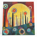 Abstract wall art featuring colorful, textured strokes on a stretched canvas, elegantly leaning against a neutral wall, perfect for modern home decor enhancement.