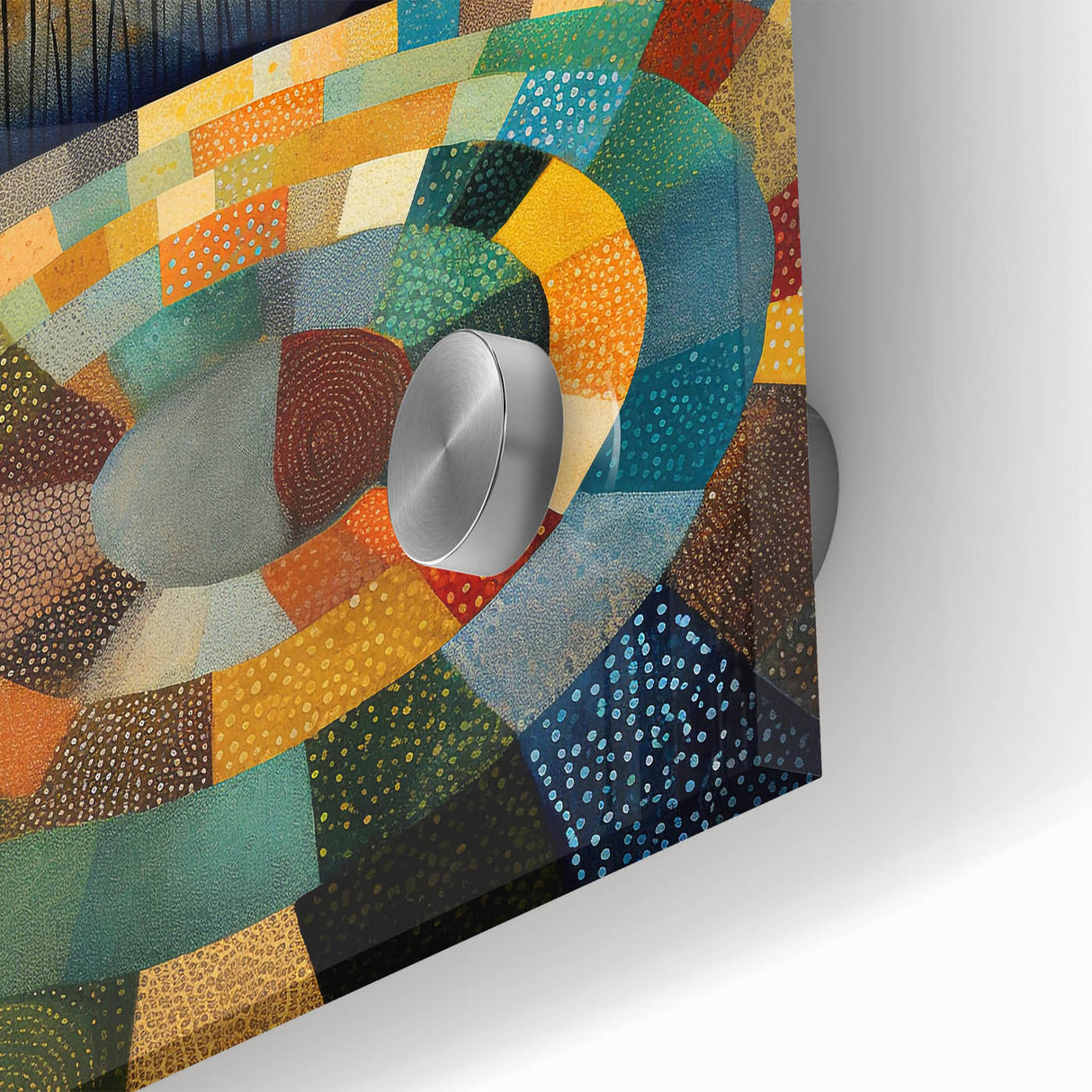 Abstract strokes wall art piece made of acrylic glass, showcasing vibrant colors of blue, orange, and yellow with a smooth finish, enhancing modern decor.